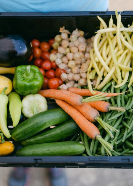 Fresh assortment of vegetables in a black crate, including cucumbers, carrots, green beans, bell peppers, tomatoes, and eggplant, showcasing vibrant colors and healthy produce.